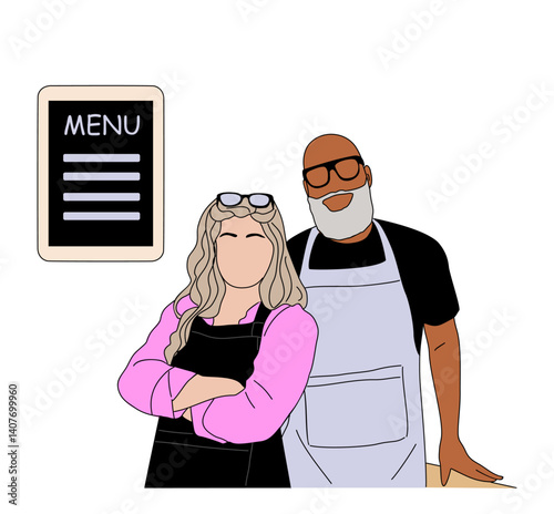 Senior couple entrepreneurs wearing aprons. Small business, cafe, bistro owners. Colored outline drawing isolated on white background.	