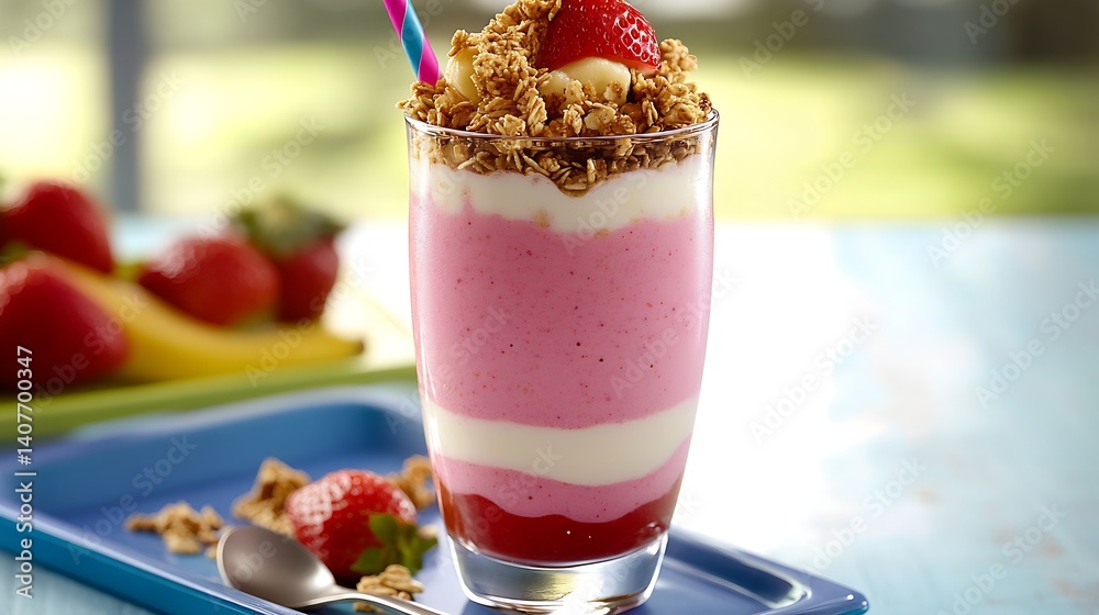 Deliciously Creamy Strawberry Dessert Parfait with Granola and Fresh Fruits for a Refreshing Treat : Generative AI