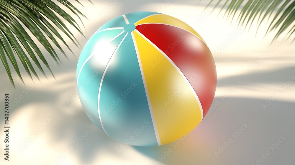Vibrant beach ball with a playful design resting on the clean surface illuminated by natural light : Generative AI