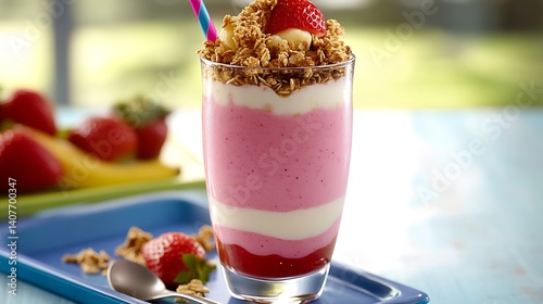 Obraz na płótnie Deliciously Creamy Strawberry Dessert Parfait with Granola and Fresh Fruits for a Refreshing Treat : Generative AI w salonie