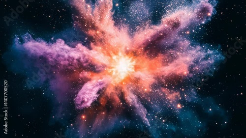 A colorful explosion in space with a bright orange center. The explosion is surrounded by a purple and blue cloud