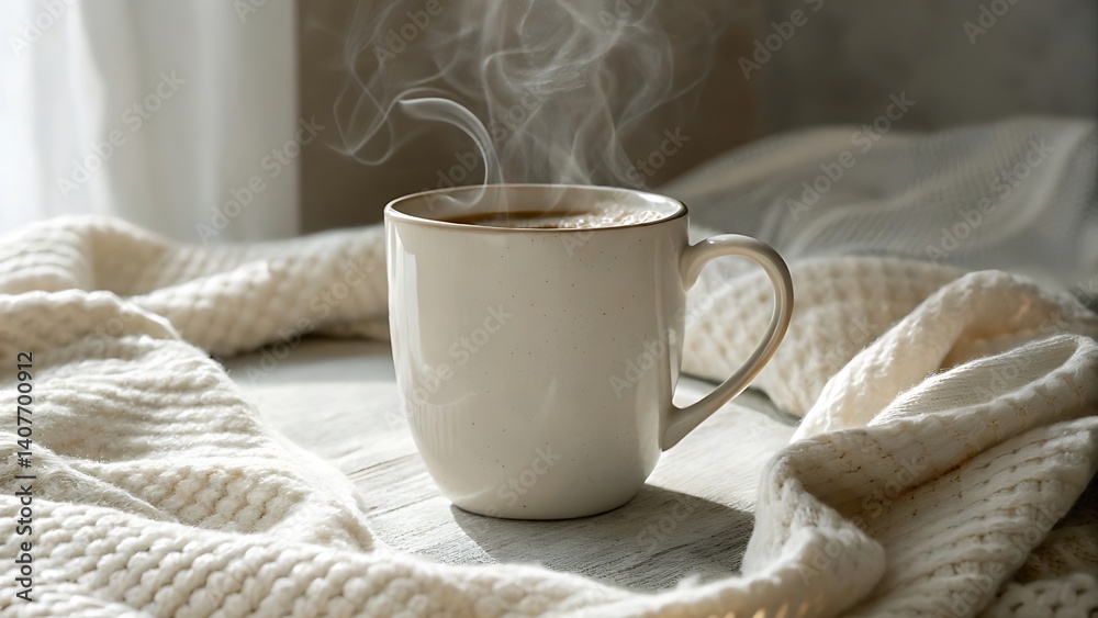Warm Coffee Mug Steam Cozy Knit Blanket Winter Morning Warm Coffee Mug Steam Cozy Knit Blanket Winter Morning
