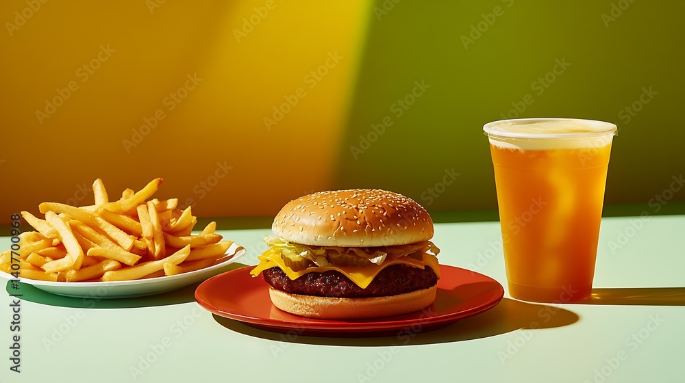 Delicious cheeseburger with crispy fries and refreshing drink on a colorful background : Generative AI