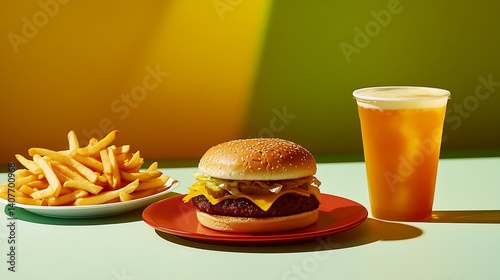 Delicious cheeseburger with crispy fries and refreshing drink on a colorful background : Generative AI