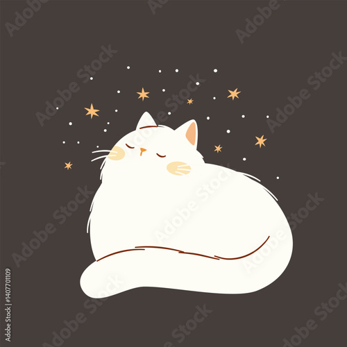 Flat vector illustration in a simple children's style. Cute white cat on dark background with stars . Vector illustration