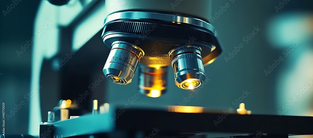 Elegant Microscope with Illuminated Lenses and Stage Captured in a Scientific Laboratory Setting : Generative AI