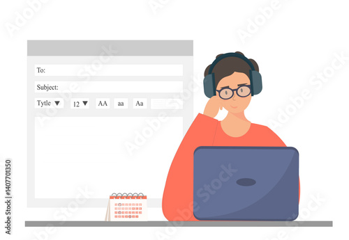 Person sending e-mail by internet, using laptop, edit mail, business email marketing, Email advertisement, flat vector illustration