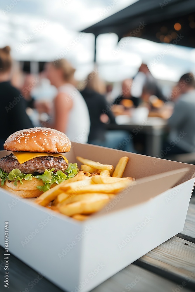 Mouthwatering sesame seed burger with fries served in a box at an outdoor dining venue for food enthusiasts : Generative AI