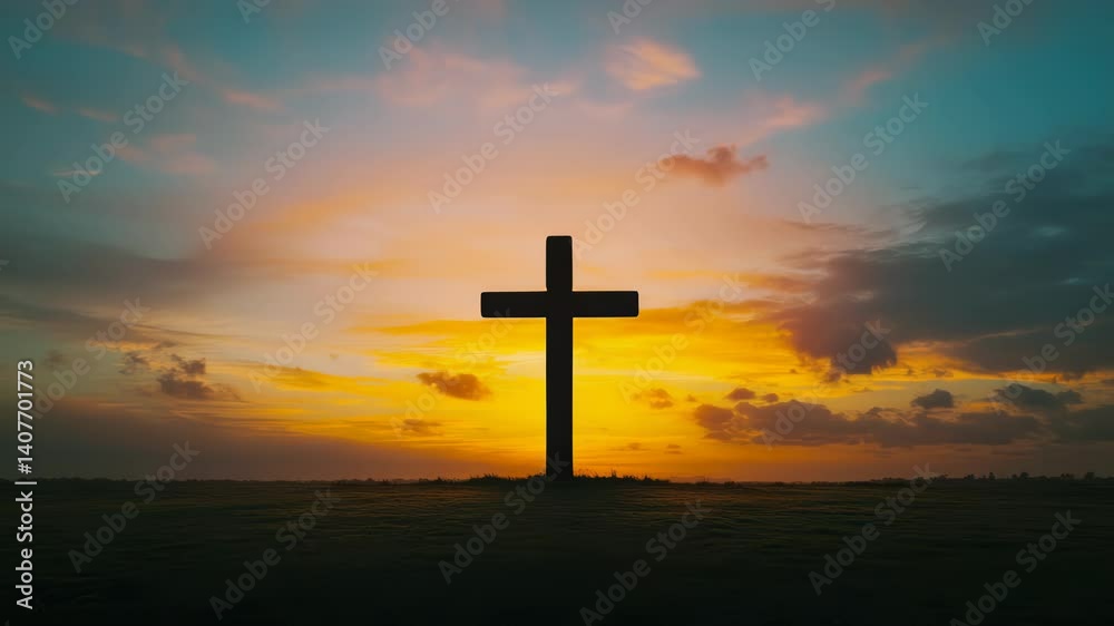 A cross is standing in a field at sunset. The sky is filled with clouds, and the sun is setting in the distance. The scene is peaceful and serene, with the cross serving as a symbol of hope and faith A cross is standing in a field at sunset. The sky is filled with clouds, and the sun is setting in the distance. The scene is peaceful and serene, with the cross serving as a symbol of hope and faith