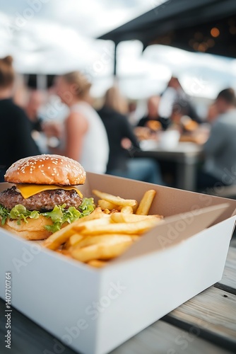 Mouthwatering sesame seed burger with fries served in a box at an outdoor dining venue for food enthusiasts : Generative AI