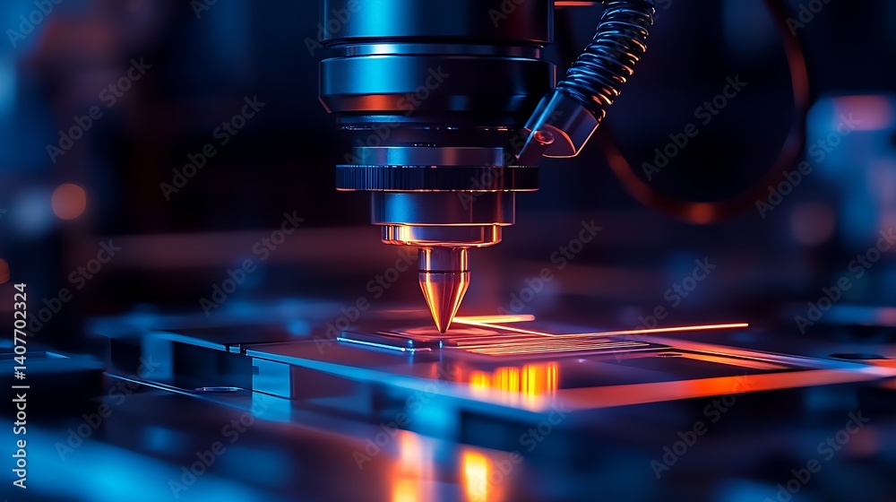 Laser Cutting Tool Close Up with Bright Light Effects in Modern Industrial Setting : Generative AI
