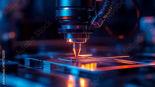 Obraz na płótnie Laser Cutting Tool Close Up with Bright Light Effects in Modern Industrial Setting : Generative AI w salonie