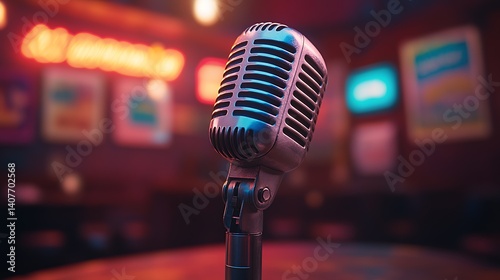 Obraz na płótnie Classic retro microphone against a vibrant bar backdrop with neon lights creating a lively atmosphere for music and performance : Generative AI w salonie