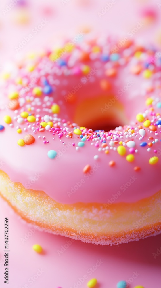 Close-up of a delightful pink icing donut adorned with colorful sprinkles placed on a vibrant background : Generative AI