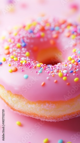 Close-up of a delightful pink icing donut adorned with colorful sprinkles placed on a vibrant background : Generative AI