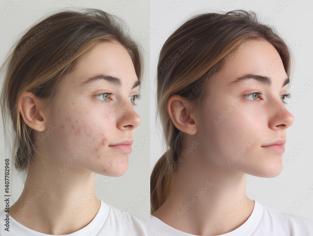Before and after acne treatment of a young woman on a neutral background. Before and after acne treatment of a young woman on a neutral background.