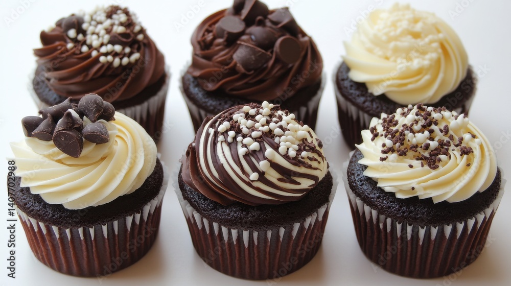 A close-up shot of rich chocolate cupcakes topped with creamy frosting and garnished with chocolate pieces, showcasing a decadent dessert. A close-up shot of rich chocolate cupcakes topped with creamy frosting and garnished with chocolate pieces, showcasing a decadent dessert.