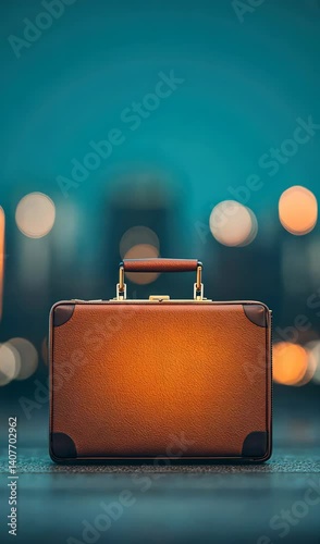 A briefcase glowing at the end of a career path lined with resumes, modern office hallway with reflective surfaces, peaceful mood, realistic, medium shot with space for text.