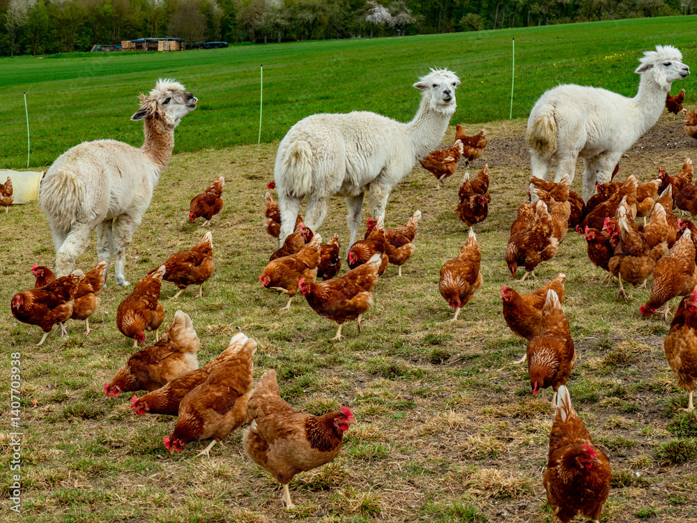 Fototapeta premium Hühner und Lamas am Hühnerwagen