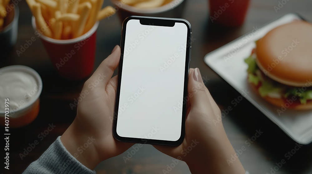 Close-up of hands holding a smartphone with a blank display alongside various fast food dishes : Generative AI