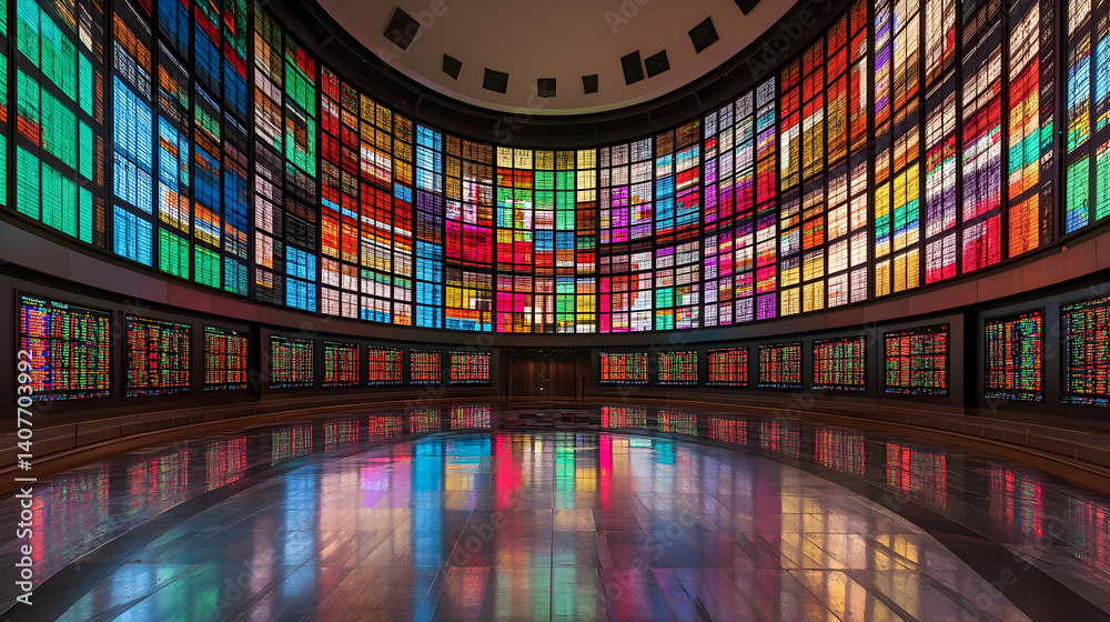 Fototapeta premium Stock market data visualized using graphs and statistics with detailed analysis on a large screen, with visible copy space