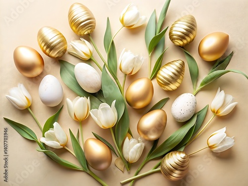 Easter eggs, golden eggs, white tulips, green leaves, pastel colors, soft lighting, textured background, spring decoration, elegant arrangement, overhead view, minimalist composition, 