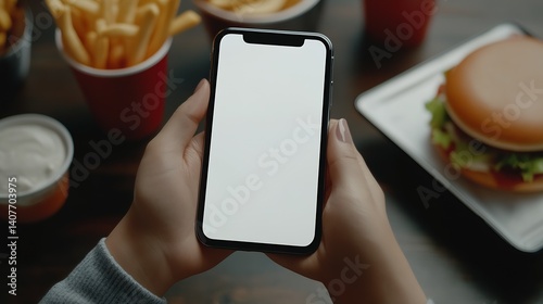 Obraz na płótnie Close-up of hands holding a smartphone with a blank display alongside various fast food dishes : Generative AI w salonie