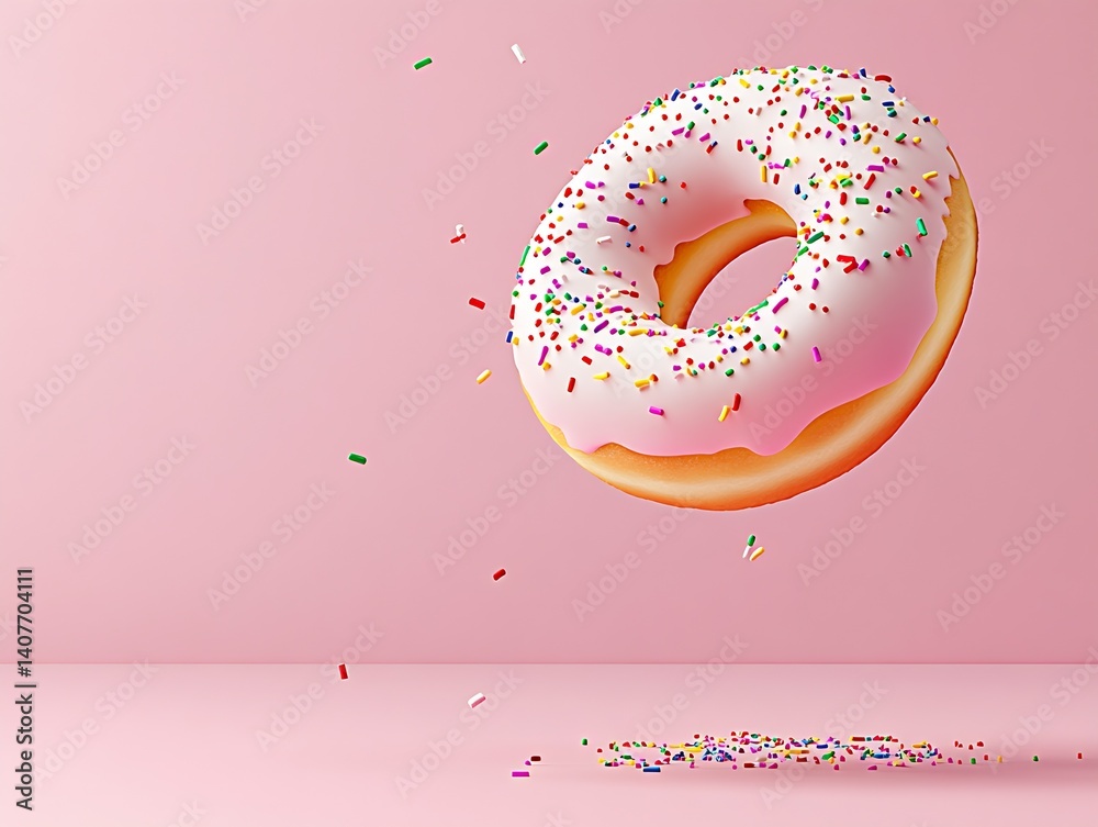 Charming Pink Frosted Donut with Colorful Sprinkles Falling onto a Soft Pink Background : Generative AI