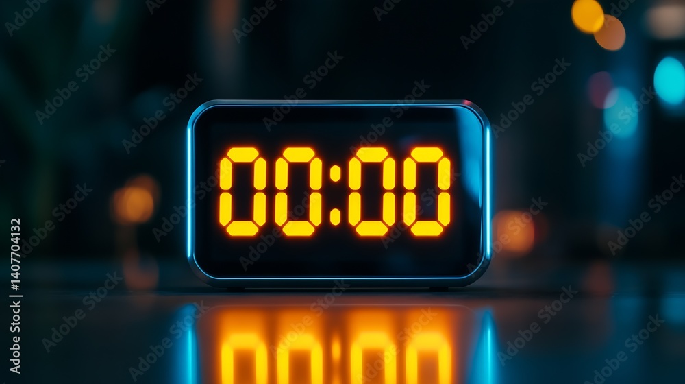 Digital clock displaying zero hours zero minutes in a dark room with soft lighting : Generative AI