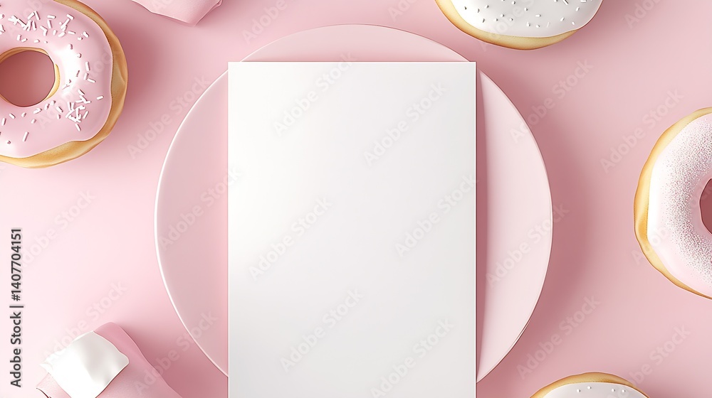Colorful Frosted Donuts Arranged Around a Blank White Space for Creative Designs : Generative AI