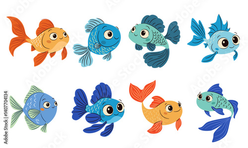 Set of flat vector illustrations in simple child style on white background. Cute aquarium fish of different colors . Vector illustration