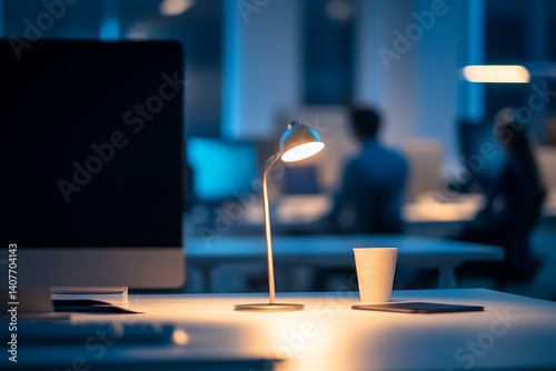 Cozy Office Setting with a Desk Lamp and Coffee Cup Illuminating a Productive Workspace at Night : Generative AI
