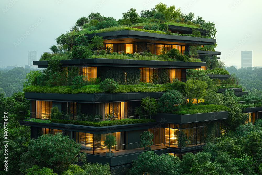 Modern eco-friendly building seamlessly blends with lush forest