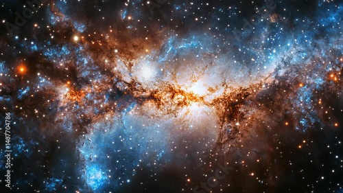 A colorful galaxy with a bright orange star in the middle. The stars are scattered throughout the galaxy, with some closer to the foreground and others further away. Scene is one of wonder and awe
