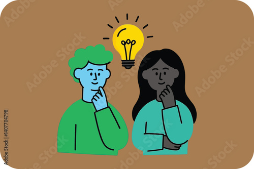 Two Smiling People Holding Bright Ideas: Inspiration, Innovation, and Creative Thinking Together for Solutions