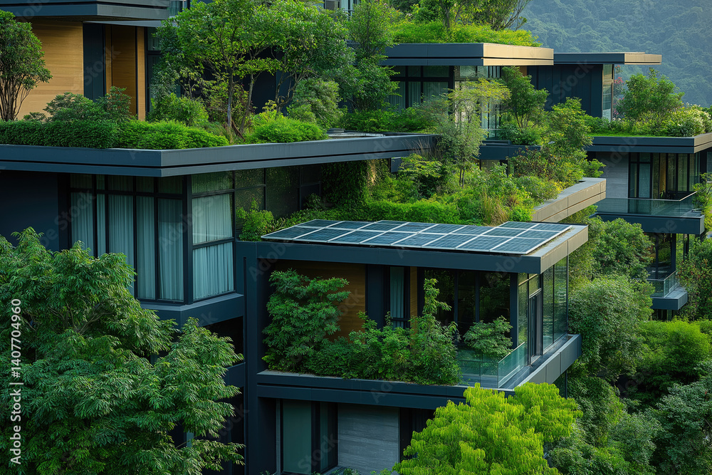 Modern eco-friendly building seamlessly blends with lush forest