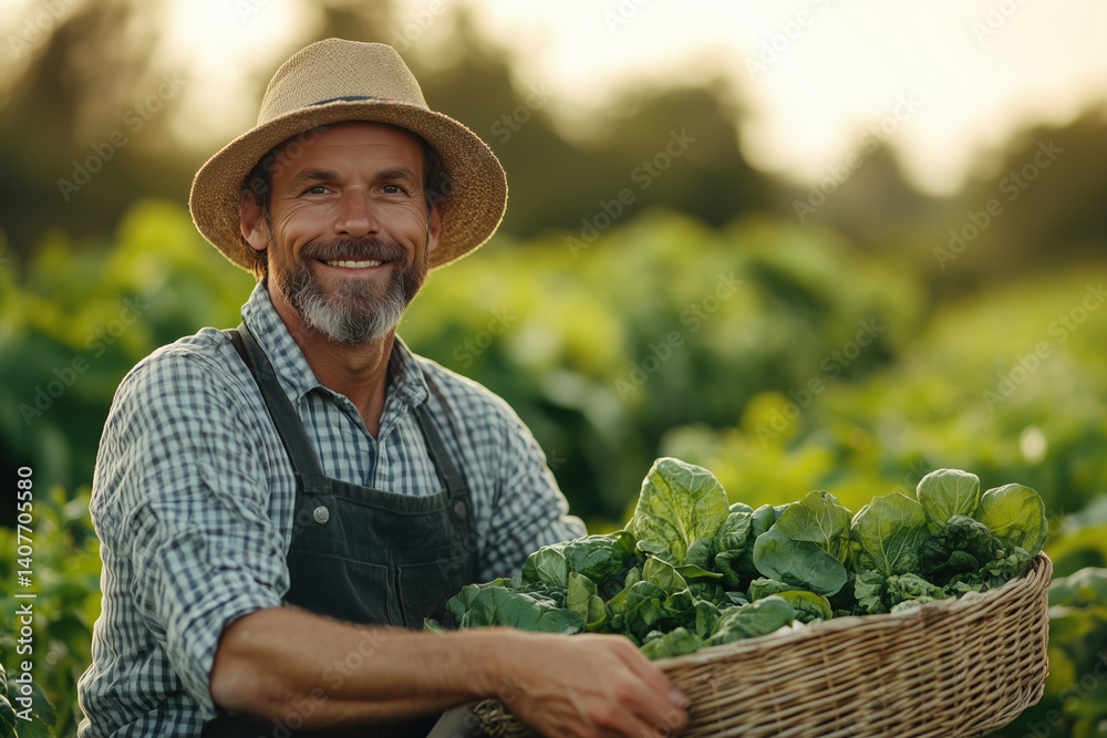 Man harvesting fresh vegetables in a lush garden