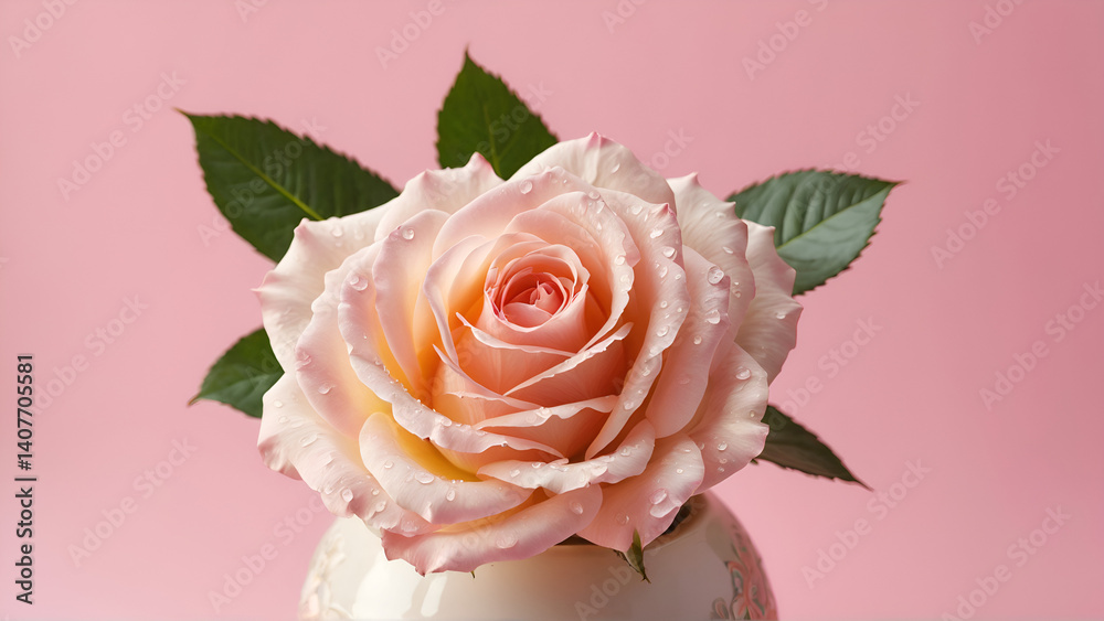 Fototapeta premium light pink rose in a flower vessel on light pink background, Generative AI