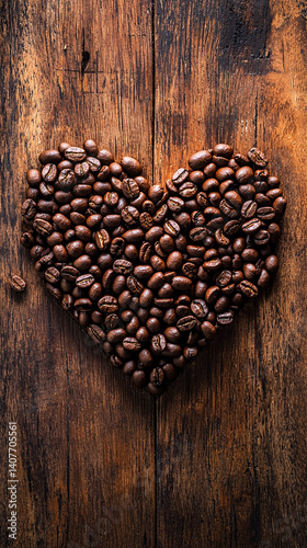 A heart made of coffee beans, creating a warm and inviting scene against wood.