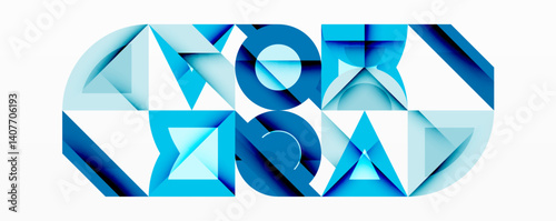 Abstract geometric design. Blue shades create layered shapes, resembling fragmented blocks or futuristic architecture. Clean lines, sharp angles define composition.