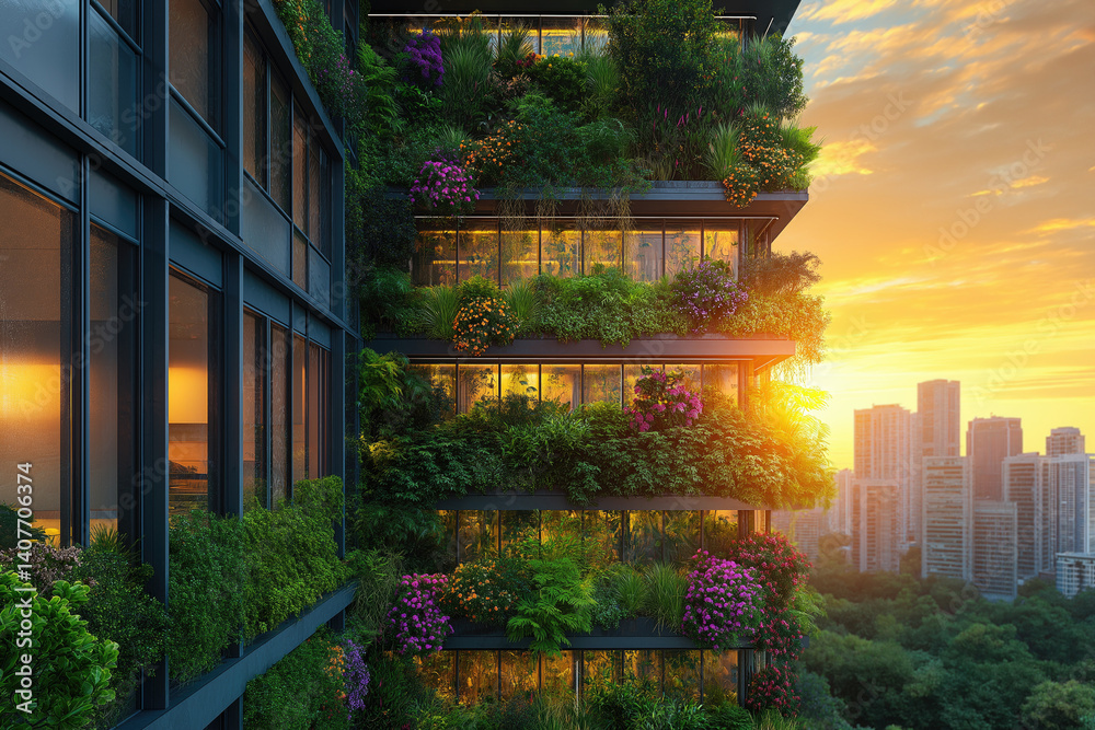 Green vertical garden towers over urban landscape at sunset