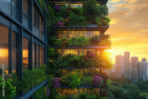 Green vertical garden towers over urban landscape at sunset