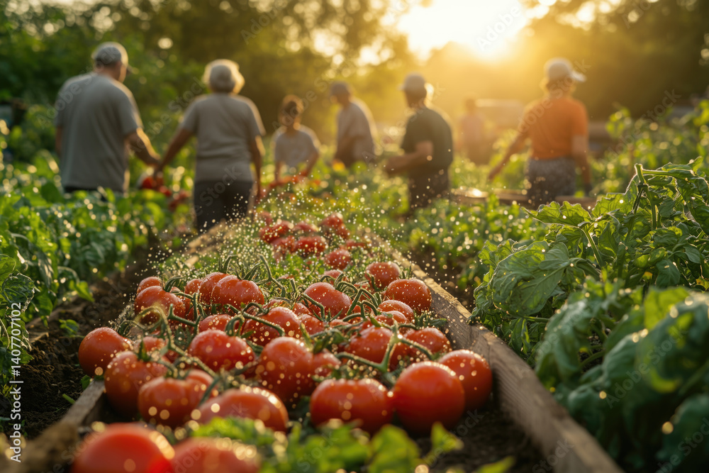 Harvesting fresh tomatoes in community garden