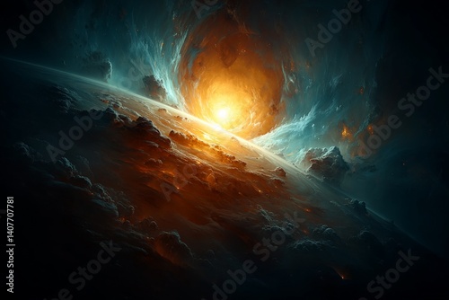 Stunning cosmic sunset over a distant planet with vivid colors and swirling clouds