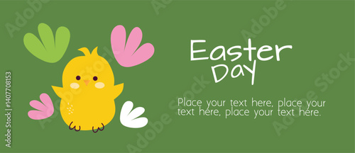 Happy Easter day banner. Trendy Easter eggs vector design with cute chick, typography in green color background. Modern minimal style for horizontal poster, greeting card, social media, marketing, ad.