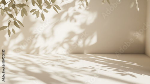 Neutral beige and white interior studio background with leafy shadows, great for product or text display