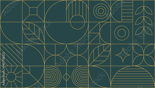 Bauhaus geometric gold line art and art deco background vector. Abstract geometric frame and elegant art nouveau with delicate. Illustration design for invitation, banner, vip, interior, decoration.