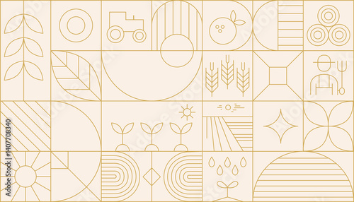 Agriculture abstract modern line geometric pattern. Vector eco farming and green energy background with linear plants, sprouts and leaves, water waves, flowers, light bulb and sun, windmill or tree.ag