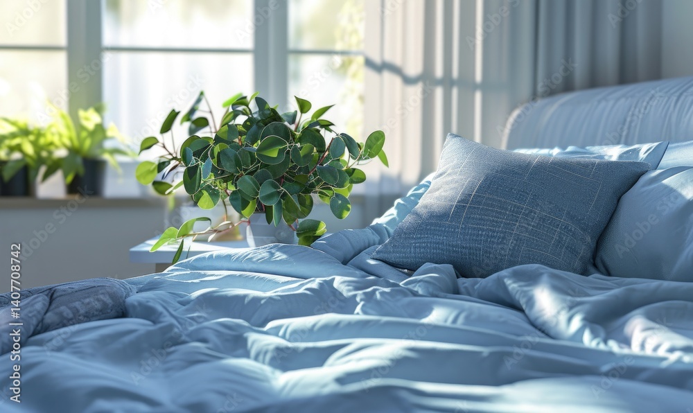 Cozy Bedroom Scene With Plant And Blue Bedding on Windows Background