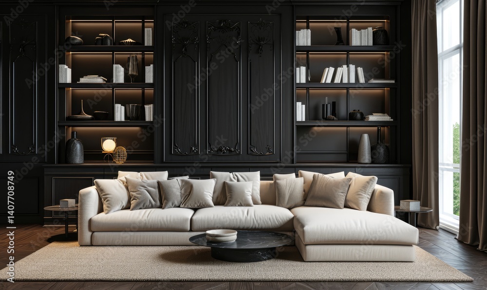 Contemporary Living Room with Dark Wood Paneling and Beige Sofa